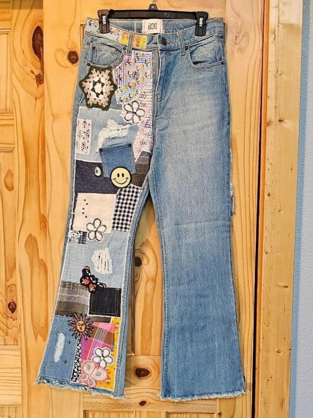 BDG Light Blue Denim Flare Jeans with Multicolor Patchwork Accents